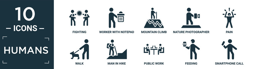 filled humans icon set. contain flat fighting, worker with notepad, mountain climb, nature photographer, pain, walk, man in hike, public work, feeding, smartphone call icons in editable format..