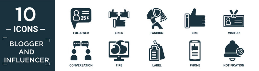filled blogger and influencer icon set. contain flat follower, likes, fashion, like, visitor, conversation, fire, label, phone, notification icons in editable format..
