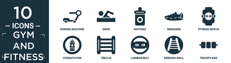filled gym and fitness icon set. contain flat rowing machine, swim, isotonic, sneakers, fitness watch, hydratation, trellis, lumbar belt, swedish wall, triceps bar icons in editable format..