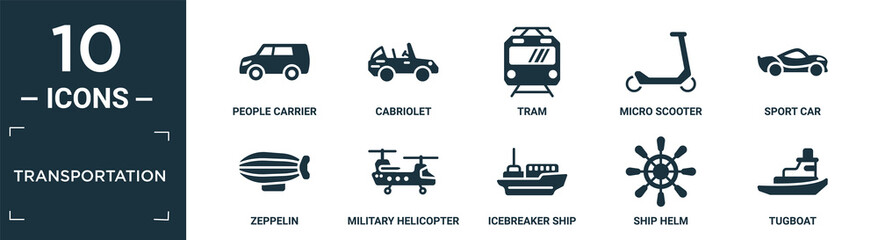 filled transportation icon set. contain flat people carrier, cabriolet, tram, micro scooter, sport car, zeppelin, military helicopter, icebreaker ship, ship helm, tugboat icons in editable format..