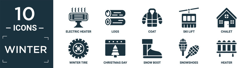 filled winter icon set. contain flat electric heater, logs, coat, ski lift, chalet, winter tire, christmas day, snow boot, snowshoes, heater icons in editable format..