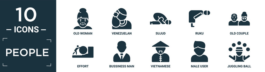 filled people icon set. contain flat old woman, venezuelan, sujud, ruku, old couple, effort, bussiness man, vietnamese, male user, juggling ball icons in editable format..