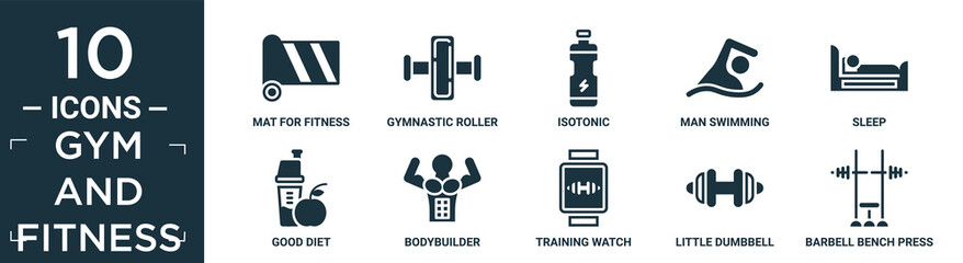 filled gym and fitness icon set. contain flat mat for fitness, gymnastic roller, isotonic, man swimming, sleep, good diet, bodybuilder, training watch, little dumbbell, barbell bench press icons in.