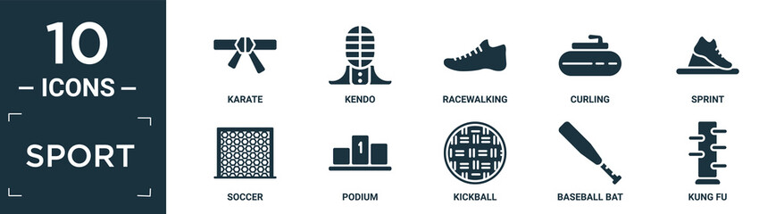 filled sport icon set. contain flat karate, kendo, racewalking, curling, sprint, soccer, podium, kickball, baseball bat, kung fu icons in editable format..