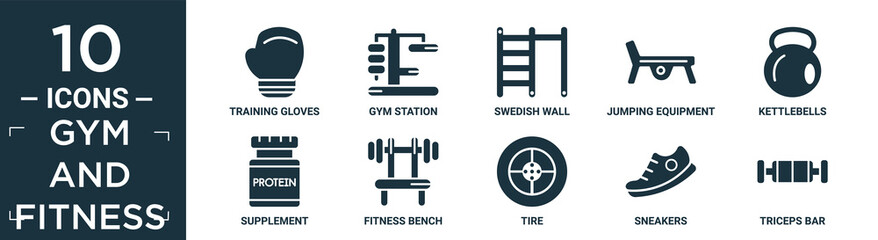 filled gym and fitness icon set. contain flat training gloves, gym station, swedish wall, jumping equipment, kettlebells, supplement, fitness bench, tire, sneakers, triceps bar icons in editable.