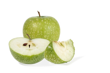 view of whole and half ripe juicy apple isolated on white background