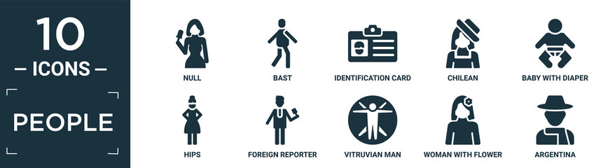 filled people icon set. contain flat null, bast, identification card with picture, chilean, baby with diaper, hips, foreign reporter, vitruvian man, woman with flower, argentina icons in editable.