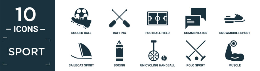 filled sport icon set. contain flat soccer ball, rafting, football field, commentator, snowmobile sport, sailboat sport, boxing, unicycling handball, polo muscle icons in editable format..