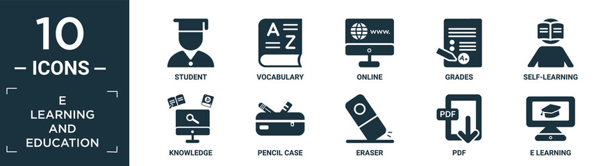 filled e learning and education icon set. contain flat student, vocabulary, online, grades, self-learning, knowledge, pencil case, eraser, pdf, e learning icons in editable format..