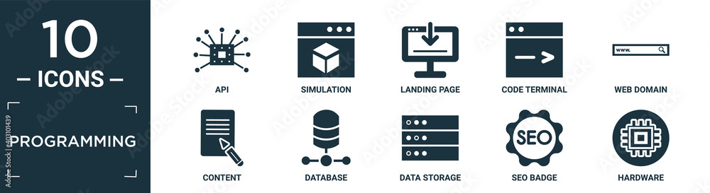 Poster filled programming icon set. contain flat api, simulation, landing page, code terminal, web domain, 