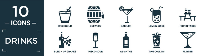 filled drinks icon set. contain flat irish sour, brewery, daiquiri, lemon juice, picnic table, bunch of grapes, pisco sour, absinthe, tom collins, flirtini icons in editable format..