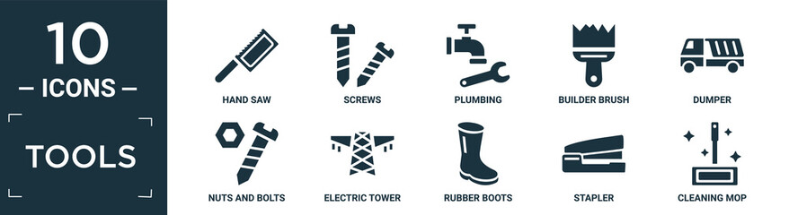 filled tools icon set. contain flat hand saw, screws, plumbing, builder brush, dumper, nuts and bolts, electric tower, rubber boots, stapler, cleaning mop icons in editable format..