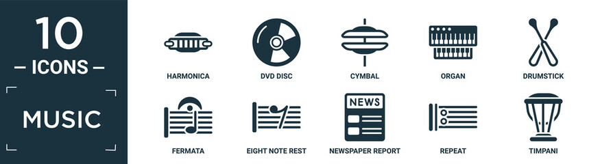 filled music icon set. contain flat harmonica, dvd disc, cymbal, organ, drumstick, fermata, eight note rest, newspaper report, repeat, timpani icons in editable format..