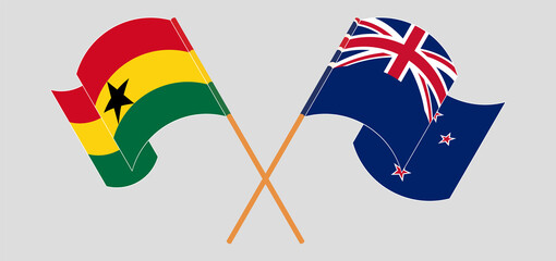 Crossed and waving flags of Ghana and New Zealand