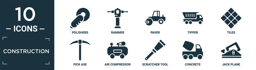 filled construction icon set. contain flat polishers, rammer, paver, tipper, tiles, pick axe, air compressor, scratcher tool, concrete, jack plane icons in editable format..