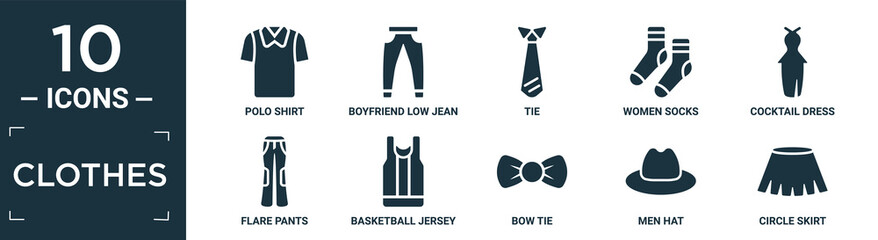 filled clothes icon set. contain flat polo shirt, boyfriend low jean, tie, women socks, cocktail dress, flare pants, basketball jersey, bow tie, men hat, circle skirt icons in editable format..