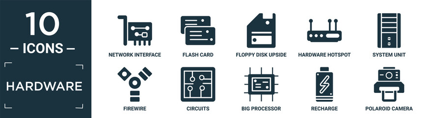 filled hardware icon set. contain flat network interface card, flash card, floppy disk upside down, hardware hotspot, system unit, firewire, circuits, big processor, recharge, polaroid camera icons.