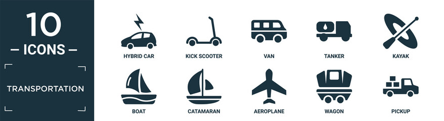 filled transportation icon set. contain flat hybrid car, kick scooter, van, tanker, kayak, boat, catamaran, aeroplane, wagon, pickup icons in editable format..