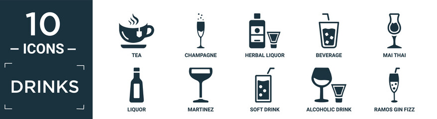 filled drinks icon set. contain flat tea, champagne, herbal liquor, beverage, mai thai, liquor, martinez, soft drink, alcoholic drink, ramos gin fizz icons in editable format..