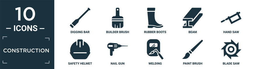 filled construction icon set. contain flat digging bar, builder brush, rubber boots, beam, hand saw, safety helmet, nail gun, welding, paint brush, blade saw icons in editable format..
