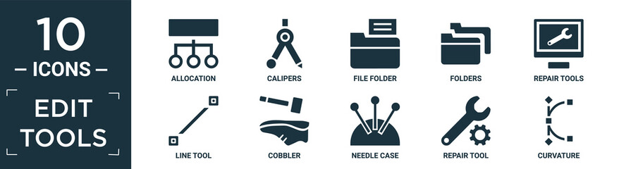 filled edit tools icon set. contain flat allocation, calipers, file folder, folders, repair tools, line tool, cobbler, needle case, repair tool, curvature icons in editable format..