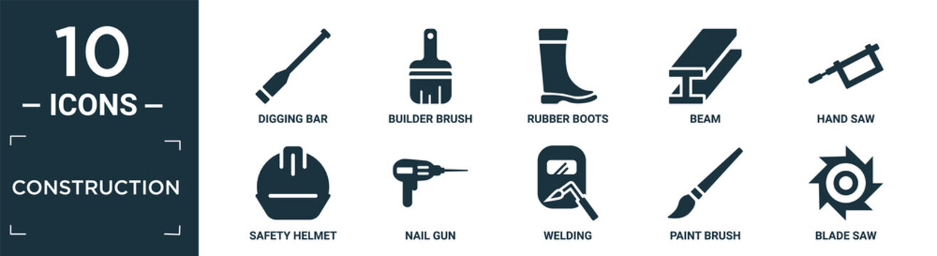 filled construction icon set. contain flat digging bar, builder brush, rubber boots, beam, hand saw, safety helmet, nail gun, welding, paint brush, blade saw icons in editable format..