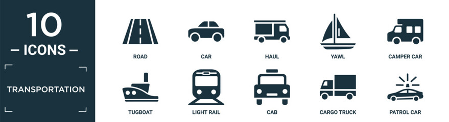 filled transportation icon set. contain flat road, car, haul, yawl, camper car, tugboat, light rail, cab, cargo truck, patrol car icons in editable format..