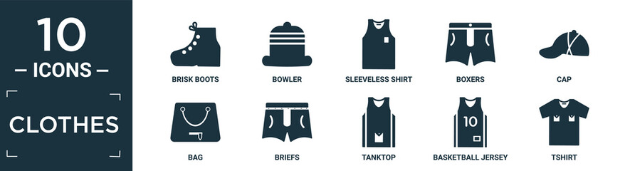 filled clothes icon set. contain flat brisk boots, bowler, sleeveless shirt, boxers, cap, bag, briefs, tanktop, basketball jersey, tshirt icons in editable format..