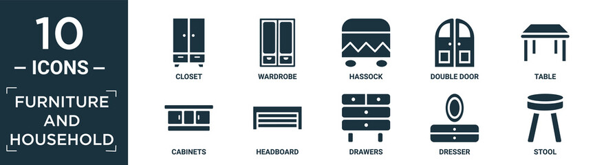 Obraz premium filled furniture and household icon set. contain flat closet, wardrobe, hassock, double door, table, cabinets, headboard, drawers, dresser, stool icons in editable format..