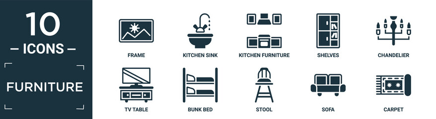 filled furniture icon set. contain flat frame, kitchen sink, kitchen furniture, shelves, chandelier, tv table, bunk bed, stool, sofa, carpet icons in editable format..