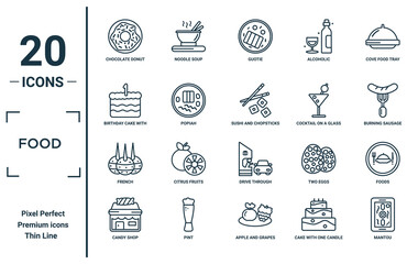 food linear icon set. includes thin line chocolate donut, birthday cake with one candle, french, candy shop, mantou, sushi and chopsticks, foods icons for report, presentation, diagram, web design