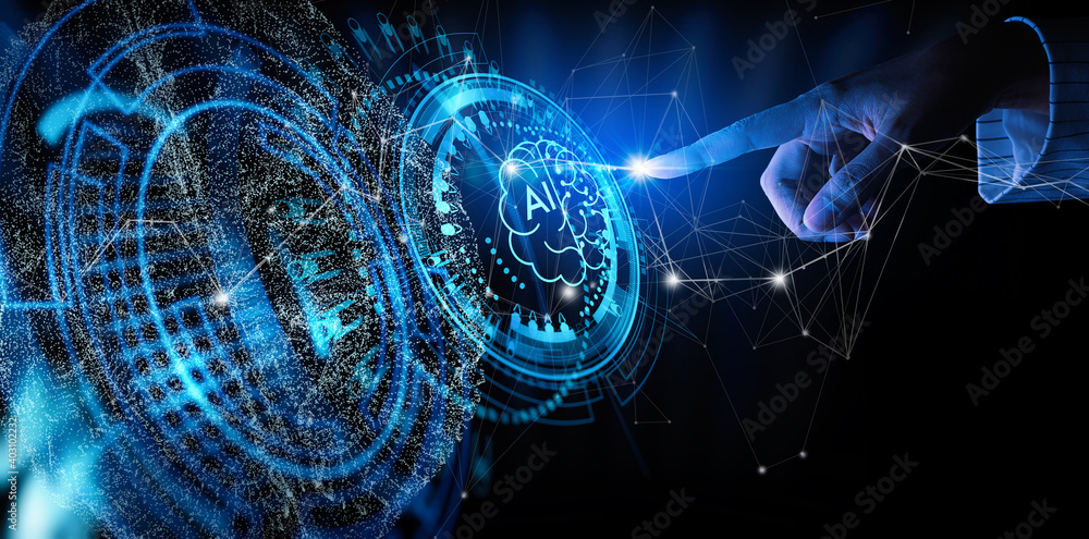 Poster VR and AR concept.business hand using digital artificial intelligence interface new modern computer.