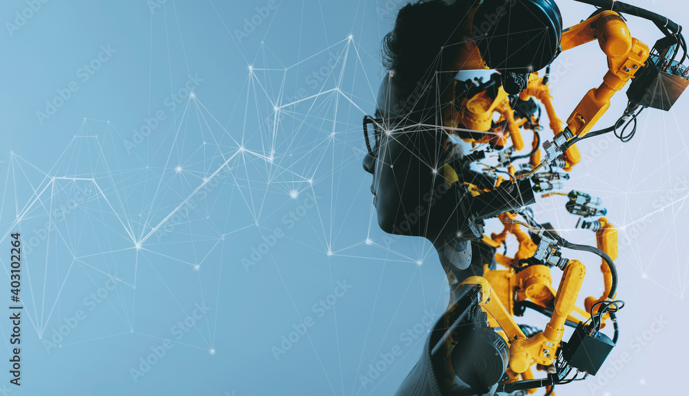 Poster Double explosure of Factory Female Industrial manager Engineer looking at automation robot arms machine in factory industrial on real time monitoring system software.