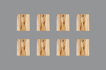 Wooden cutting boards on trendy grey color background. Eco friendly kitchen concept. Ecological home