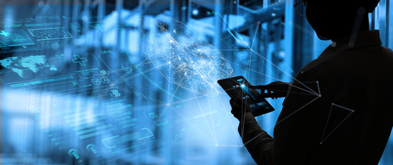 Female Doctor surgeon analyzing patient brain with human anatomy on technological digital tablet futuristic Ui and digital holographic innovative with science and medicine concept.