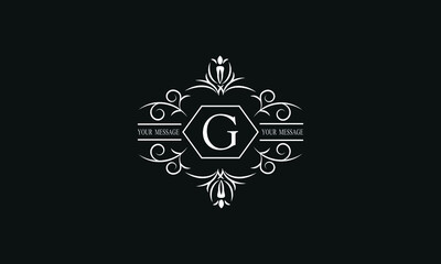 Graceful white monogram on a black background with the letter G. Elegant logo with the initial. Universal emblem, symbol of restaurant, business, greeting cards, invitations.