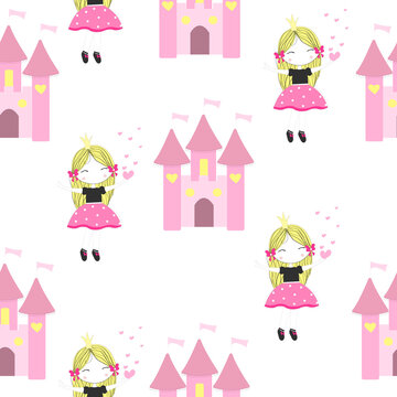 Seamless patern with cute princess and castle