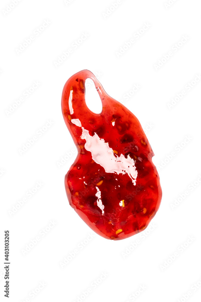 Poster spot of natural raspberry jam with seeds isolated on white background