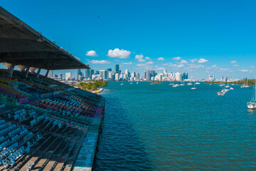 Marine stadium with Miami skyline 