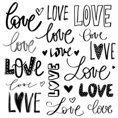 The word love written in different fonts. Romantic calligraphy Set Valentines day cards, family poster, wedding decoration.