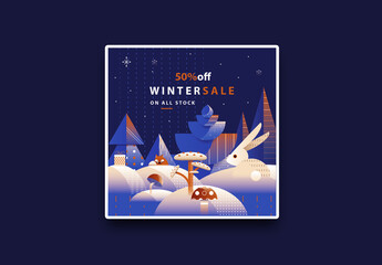 Square Christmas Sale Flyer Layout with Decorative Winter Forest