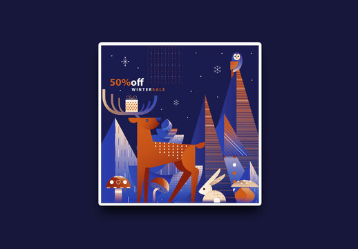 Square Christmas Sale Flyer Layout with Reindeer and Hare