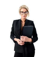 Smiling beautiful business woman with glasses. A confident business professional in an elegant...