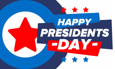 Happy Presidents day in United States. Washington's Birthday. Federal holiday in America. Celebrated in February. Patriotic american elements. Poster, banner and background. Vector illustration