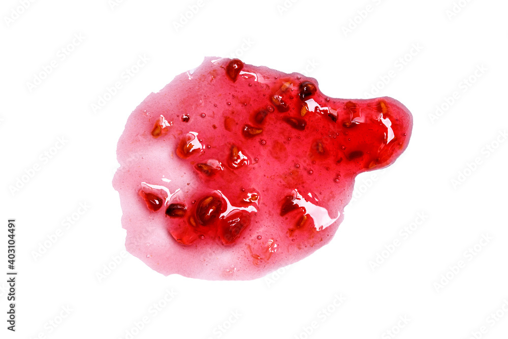 Poster spot of natural raspberry jam with seeds isolated on white background