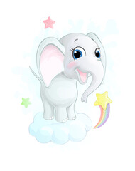 Cute little cartoon elephant on the cloud. Vector illustration