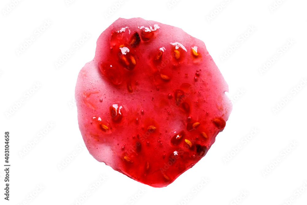 Poster spot of natural raspberry jam with seeds isolated on white background