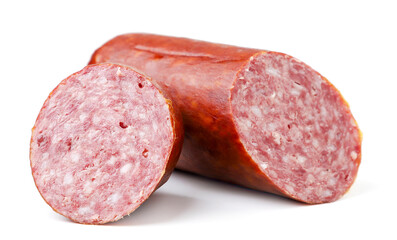 Salami sausage sliced on a white plate. Isolated