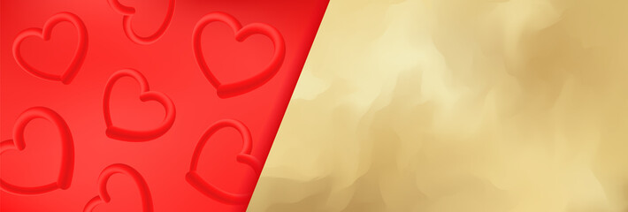 Vector card with 3d hearts on a red gradient background. Vector banner or poster of holiday background with hearts and empty space for your text on gold foil.