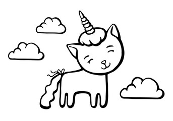 Cute white cat unicorn with horn on sky background with Clouds. Hand drawn vector illustration for t shirt printing and embroidery.